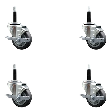 Service Caster 3.5'' SS Thermoplastic Rubber Swivel 3/4'' Expanding Stem Caster Set with Brake, 4PK SCC-SSEX20S3514-TPRB-TLB-34-4